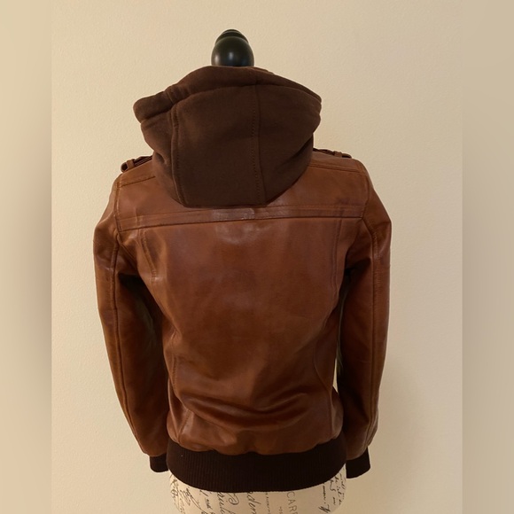 Women's Bomber Cognac Brown Leather Jacket with Removeable Hood - Picture 4 of 9